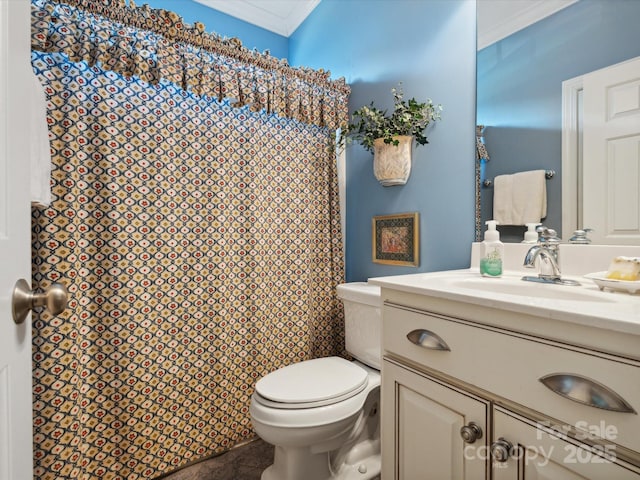 bathroom with vanity, toilet, and crown molding