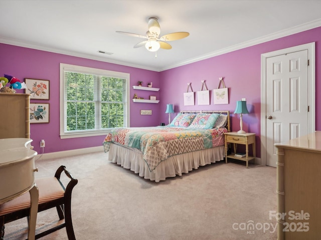 bedroom featuring ceiling fan, light colored carpet, and ornamental molding