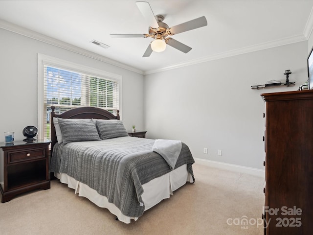 bedroom with light colored carpet, ceiling fan, and ornamental molding