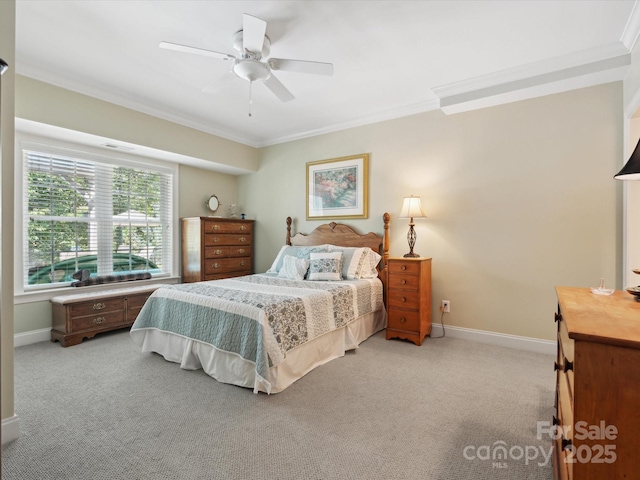 bedroom with light carpet, ceiling fan, and ornamental molding