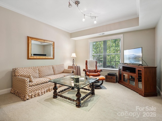 living room featuring carpet flooring and crown molding