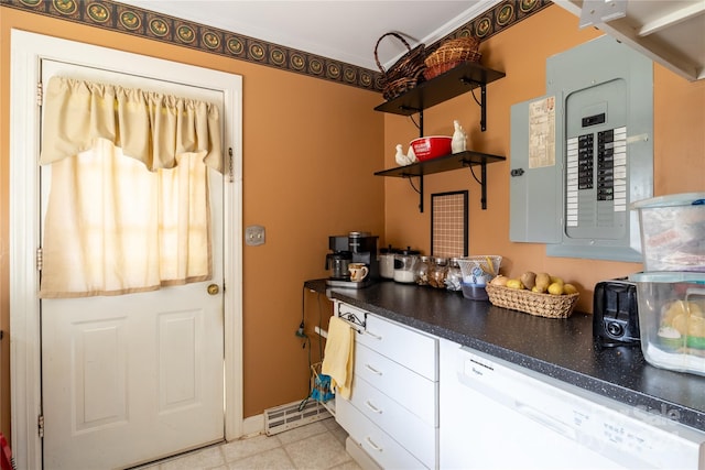 kitchen with light tile patterned floors, dishwasher, and electric panel