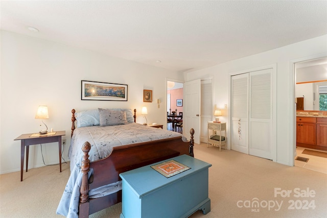 carpeted bedroom with a closet and ensuite bath