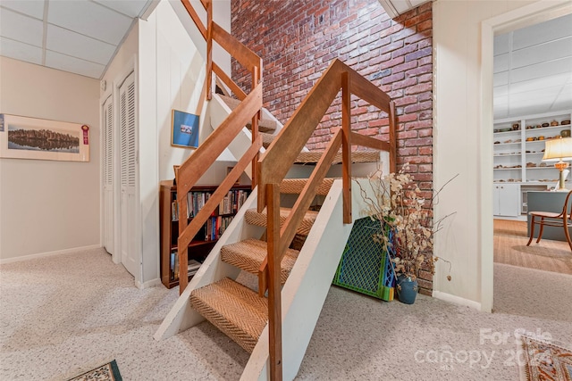 stairs with carpet floors and a drop ceiling