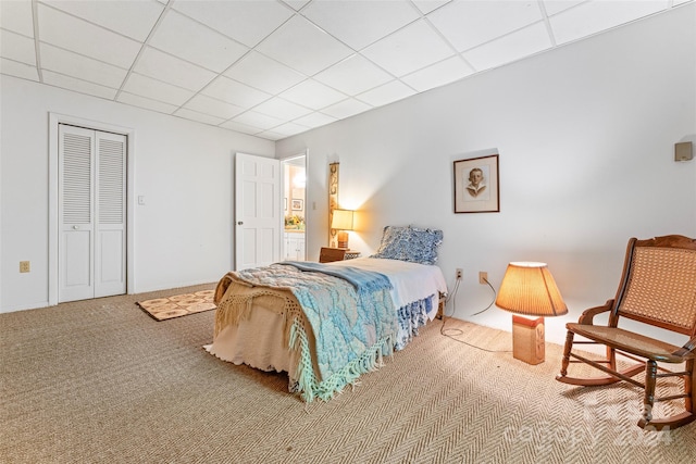 bedroom with a closet, carpet floors, and a paneled ceiling