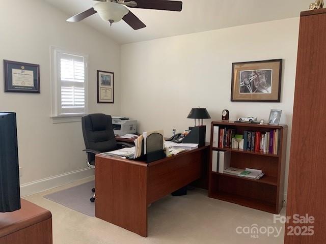19307 Beaufain St, Cornelius, NC 28031 - office space with a ceiling fan, baseboards, carpet, and vaulted ceiling