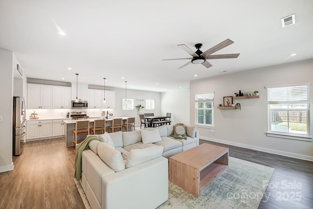 living room featuring ceiling fan and wood-type flooring