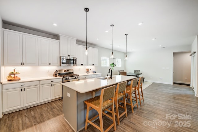 kitchen with white cabinets, a kitchen breakfast bar, stainless steel appliances, and a center island with sink