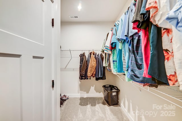 spacious closet featuring light colored carpet