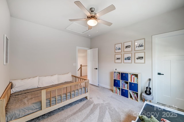 bedroom featuring carpet flooring and ceiling fan