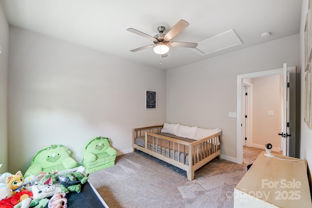 carpeted bedroom featuring ceiling fan