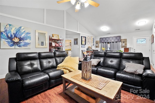 living room featuring high vaulted ceiling, ceiling fan, and hardwood / wood-style floors