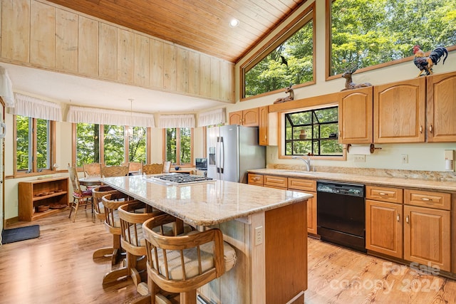 kitchen with appliances with stainless steel finishes, plenty of natural light, light hardwood / wood-style flooring, and a kitchen island