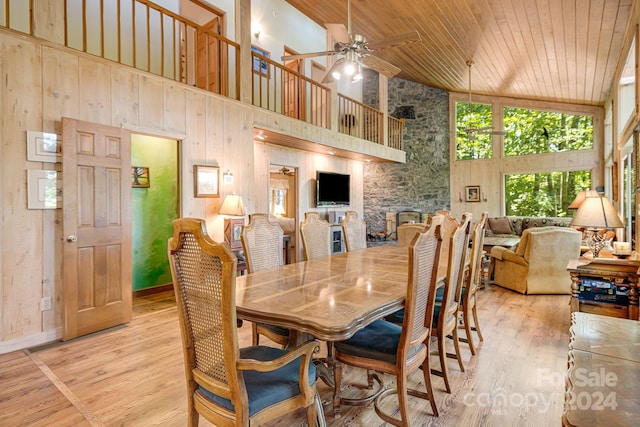 dining area with wood walls, high vaulted ceiling, light hardwood / wood-style floors, ceiling fan, and wood ceiling