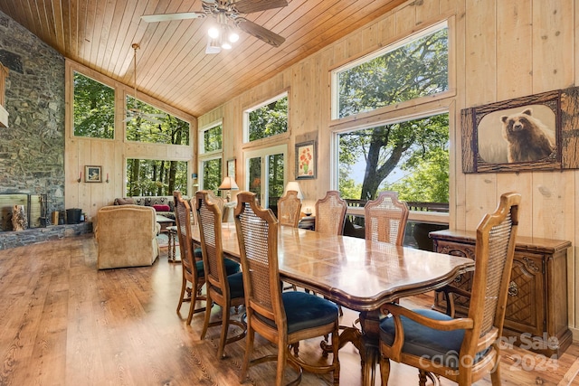 dining area featuring ceiling fan, wooden walls, wood ceiling, and wood-type flooring