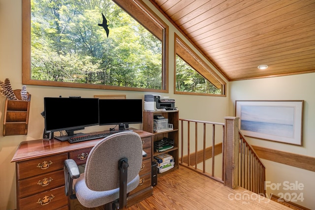 office featuring light wood-type flooring, vaulted ceiling, and wood ceiling