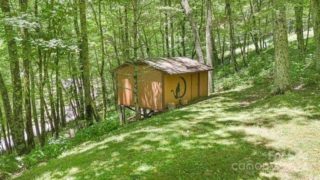 view of yard with a storage unit