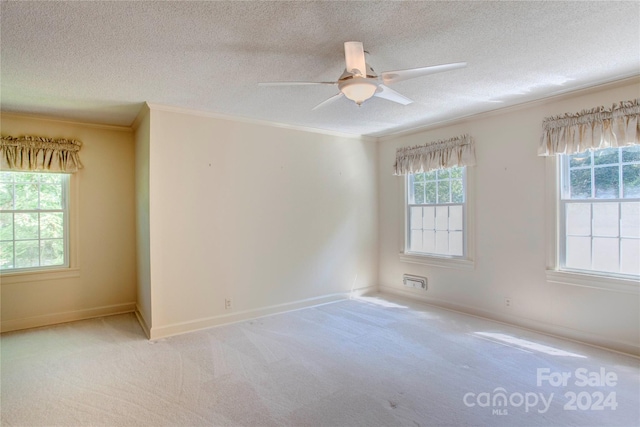 carpeted empty room featuring a textured ceiling, plenty of natural light, and ceiling fan