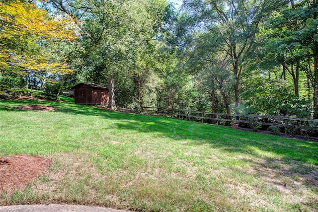 view of yard featuring a storage shed