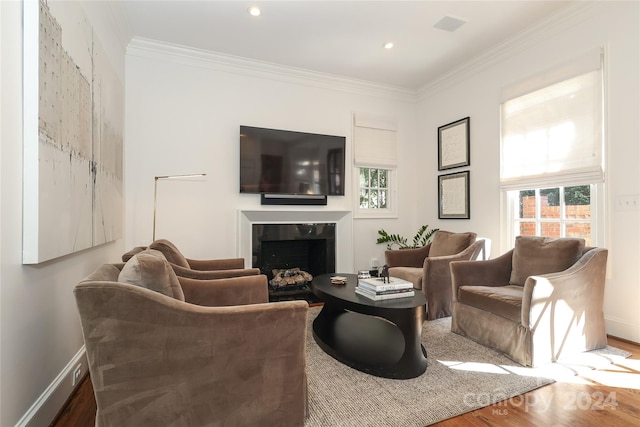 living room featuring ornamental molding, hardwood / wood-style flooring, and a premium fireplace