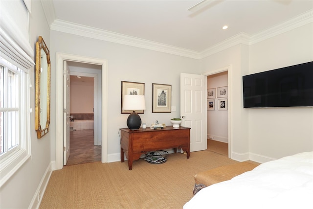 bedroom with ceiling fan, crown molding, and light tile patterned flooring