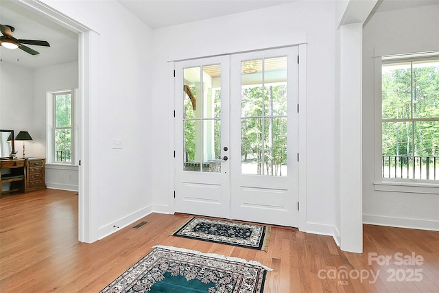 foyer entrance with french doors, a healthy amount of sunlight, and hardwood / wood-style floors