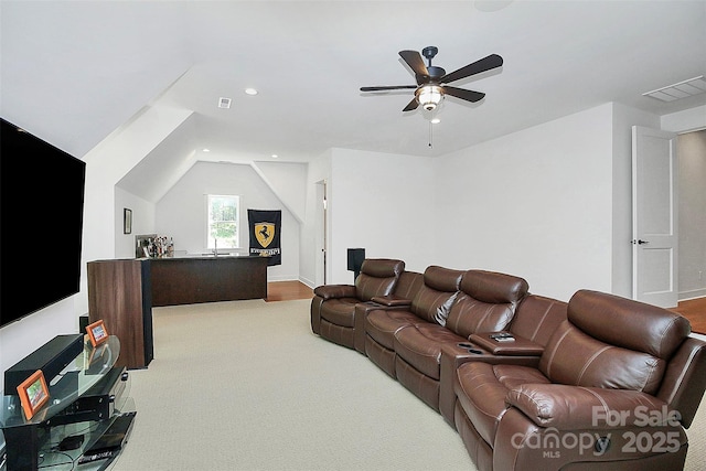 cinema featuring vaulted ceiling and ceiling fan