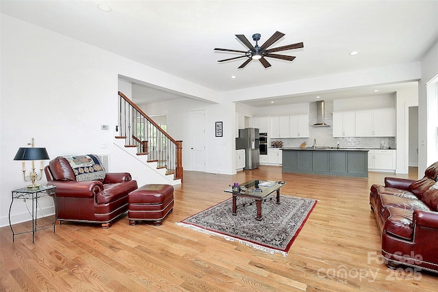 6178 Chimney Bluff Rd, Lancaster, SC 29720 - living area with stairs, recessed lighting, baseboards, light wood-style floors, and a ceiling fan