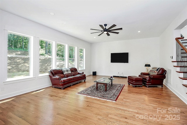6178 Chimney Bluff Rd, Lancaster, SC 29720 - living area featuring a ceiling fan, recessed lighting, stairway, and wood finished floors