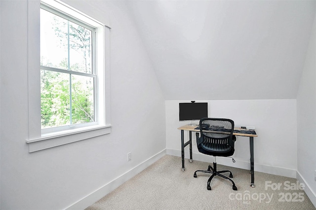 6178 Chimney Bluff Rd, Lancaster, SC 29720 - office with baseboards, lofted ceiling, and carpet floors