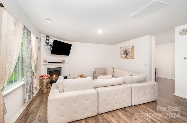 living room with dark hardwood / wood-style flooring