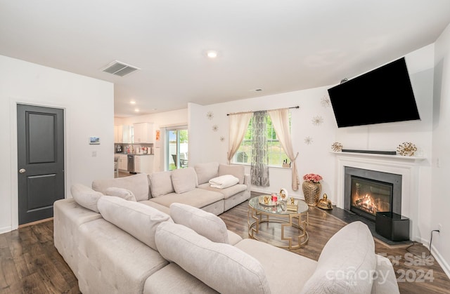 living room with dark hardwood / wood-style floors and a high end fireplace