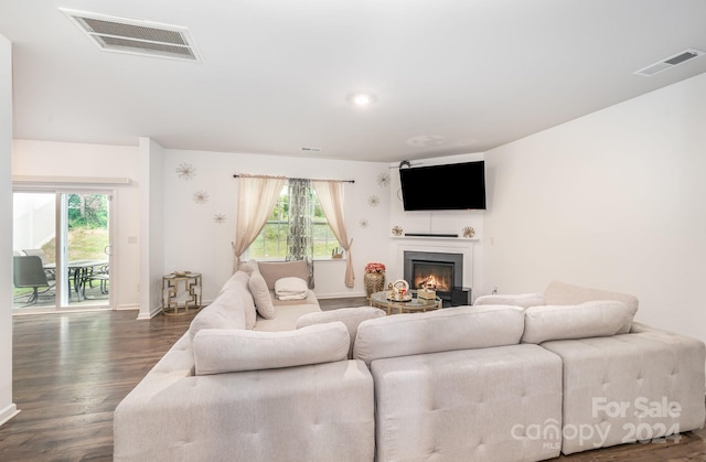 living room with dark wood-type flooring and a healthy amount of sunlight