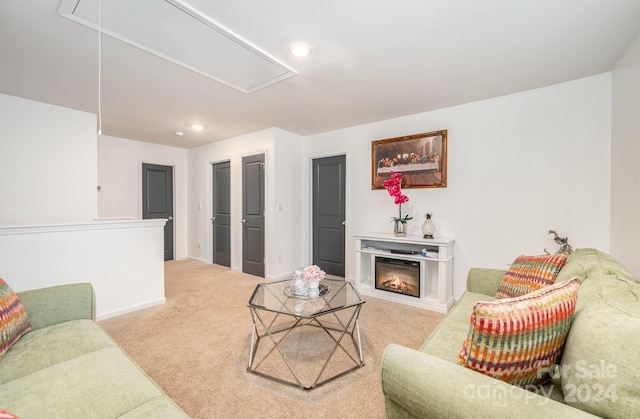 living room with light colored carpet