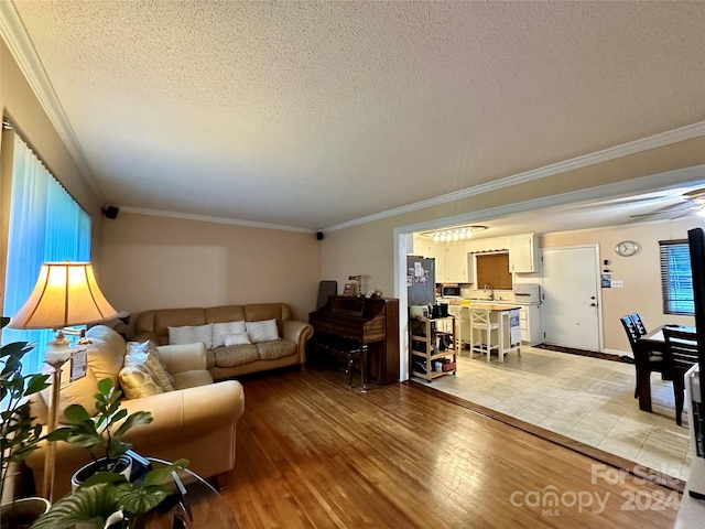 living room featuring wood-type flooring, crown molding, and a textured ceiling