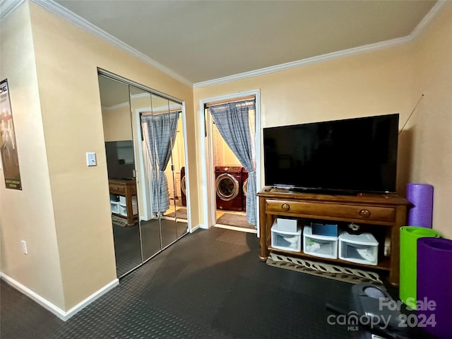 interior space with washer / dryer, carpet flooring, and ornamental molding