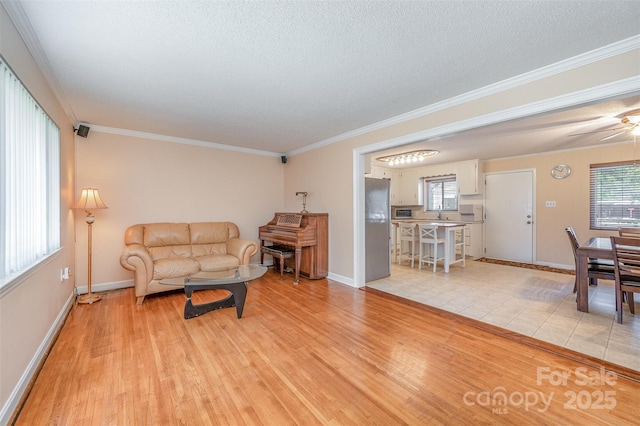 living area with a textured ceiling, light wood-style floors, baseboards, and ornamental molding