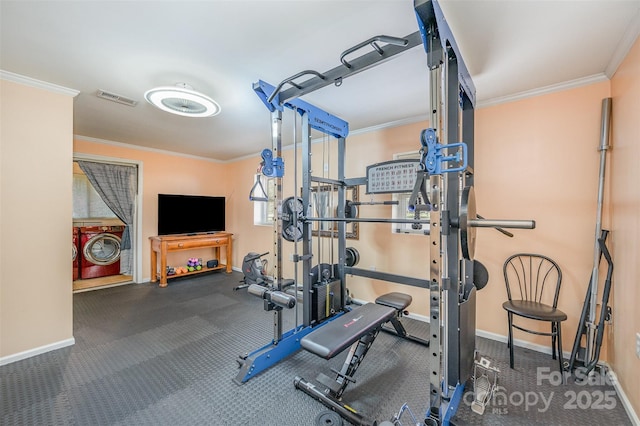 workout area featuring visible vents, baseboards, and ornamental molding