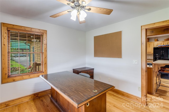 office space featuring light hardwood / wood-style flooring and ceiling fan