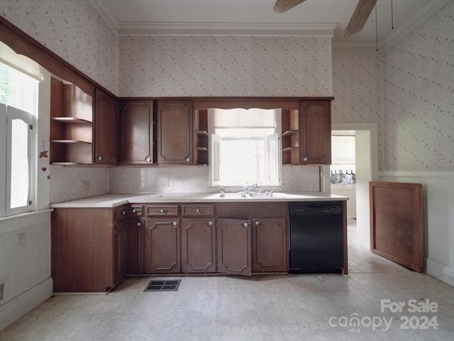 kitchen with wallpapered walls, black dishwasher, and open shelves