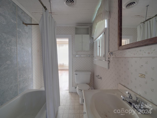 full bathroom featuring shower / bath combo, visible vents, toilet, and wallpapered walls