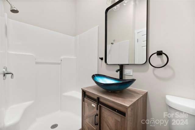 bathroom with a shower, vanity, and toilet