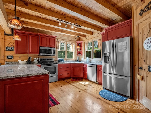 kitchen featuring stainless steel appliances, wood walls, wood ceiling, beam ceiling, and light wood finished floors