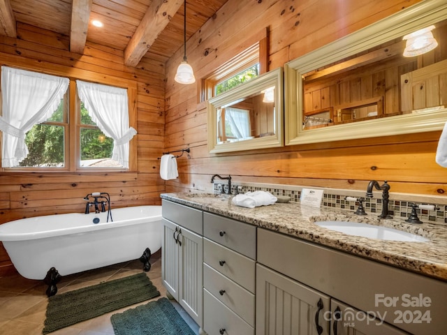 bathroom with double vanity, a sink, beam ceiling, and wooden walls