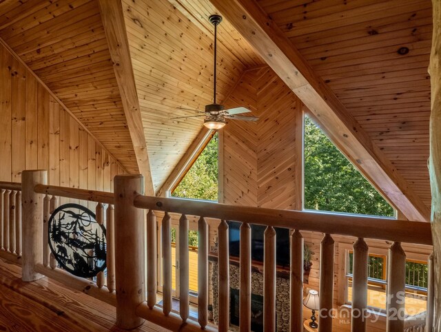 room details with hardwood / wood-style floors, wood ceiling, beamed ceiling, wood walls, and ceiling fan