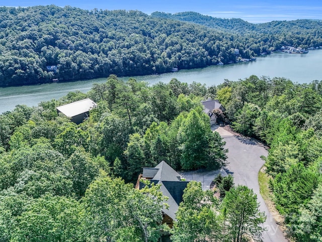 birds eye view of property featuring a water view and a forest view