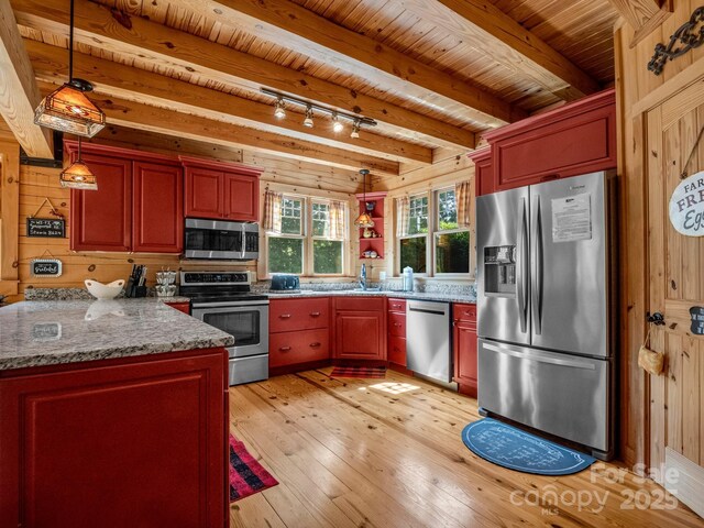 219 Highland Hts, Lake Lure, NC 28746 - kitchen featuring appliances with stainless steel finishes, wooden ceiling with exposed beams, light wood-style floors, wooden walls, and decorative light fixtures