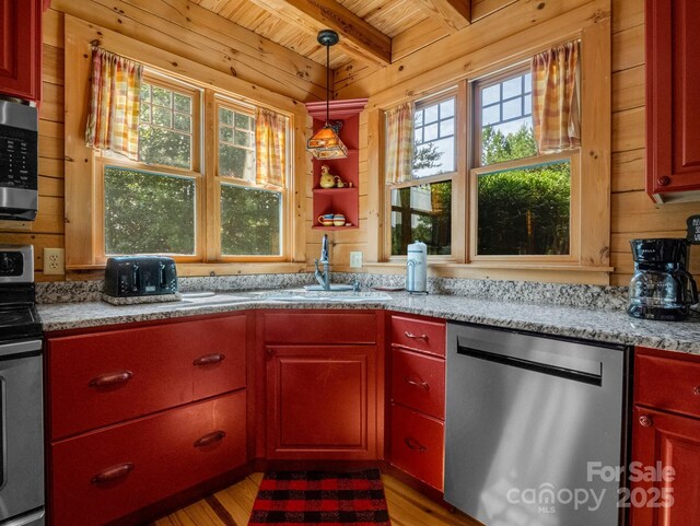 219 Highland Hts, Lake Lure, NC 28746 - kitchen featuring stainless steel appliances, a sink, wooden walls, wooden ceiling with exposed beams, and light wood finished floors