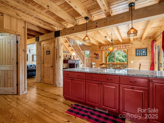 219 Highland Hts, Lake Lure, NC 28746 - kitchen with wood walls, light wood-style floors, wooden ceiling with exposed beams, decorative light fixtures, and light stone counters