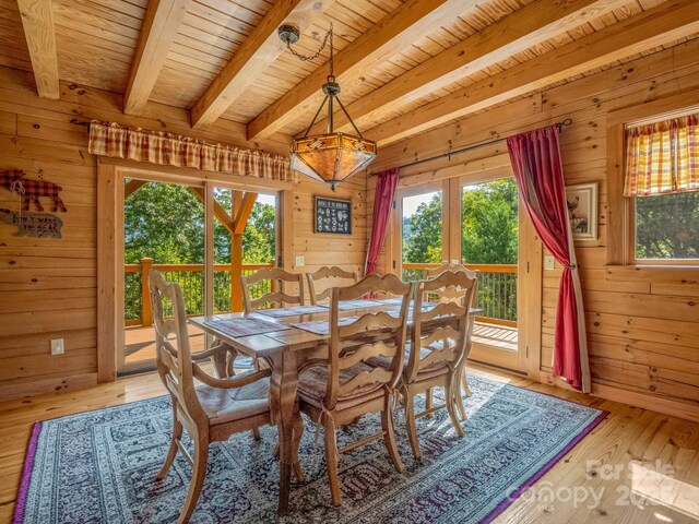 219 Highland Hts, Lake Lure, NC 28746 - dining space featuring wooden walls, wooden ceiling with exposed beams, and light wood-style flooring
